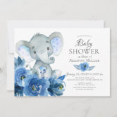 Invitation Aquarelle Fleurs Bleues Baby shower éléphant (Devant)
