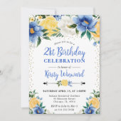 Invitation Aquarelle Fleurs bleues et jaunes 21e anniversaire (Devant)