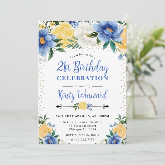 Invitation Aquarelle Fleurs bleues et jaunes 21e anniversaire (Debout devant)