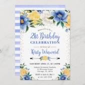 Invitation Aquarelle Fleurs bleues et jaunes 21e anniversaire (Devant / Derrière)