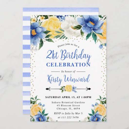 Invitation Aquarelle Fleurs bleues et jaunes 21e anniversaire (Devant / Derrière)