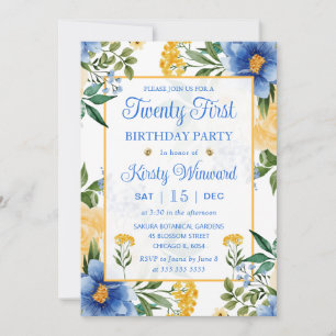 Invitation Aquarelle Fleurs bleues et jaunes 21e anniversaire