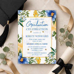 Invitation Aquarelle Fleurs Bleues et Jaunes Diplôme