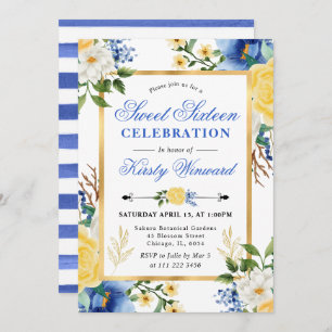 Invitation Aquarelle Fleurs bleues et jaunes Douces 16