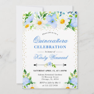 Invitation Aquarelle Fleurs Bleues et Marguerites Quinceanera