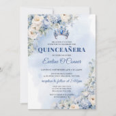 Invitation Aquarelle fleurs bleues eucalyptus Quinceañera (Devant)