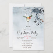 Invitation Aquarelle Fleurs Bleues, Lumières Cocktail Noël (Devant)