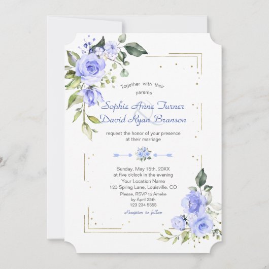 Invitation Aquarelle Fleurs Bleues Mariage Parties scintillan (Devant)