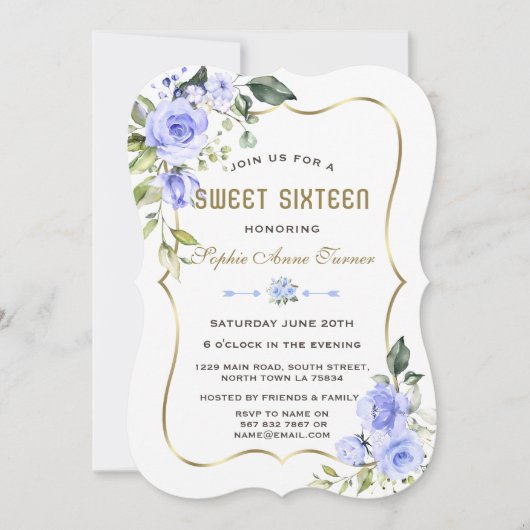 Invitation Aquarelle Fleurs Bleues Or Frame Sweet 16 (Devant)