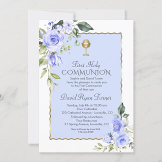 Invitation Aquarelle Fleurs Bleues Première Communion Sainte