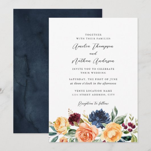 Invitation Aquarelle Fleurs Botaniques Rustiques Mariage (Devant / Derrière)