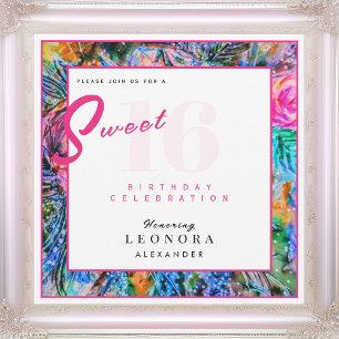 Invitation Aquarelle Fleurs colorées Sweet sixteen 16 Partie