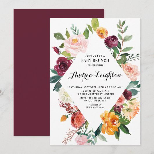 Invitation Aquarelle Fleurs d'automne Baby shower Floral Brun (Devant / Derrière)