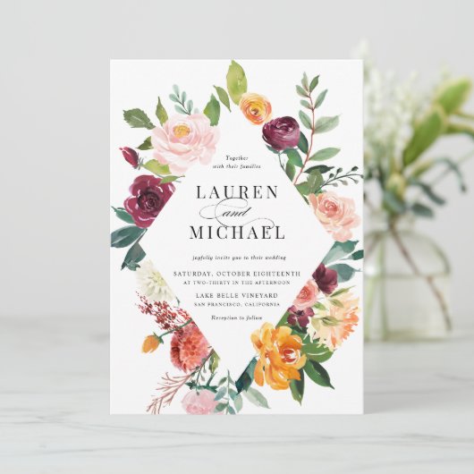 Invitation Aquarelle Fleurs d'automne Cadre QR Code Mariage (Debout devant)