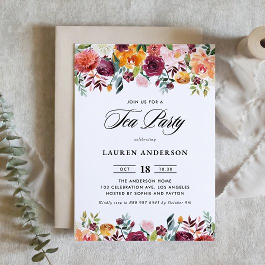 Invitation Aquarelle Fleurs d'automne Garland Bridal Tea Part