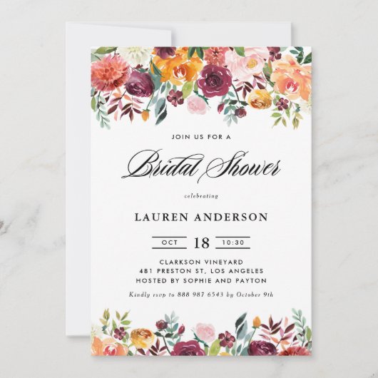 Invitation Aquarelle Fleurs d'automne Garland Fête des mariée (Devant)