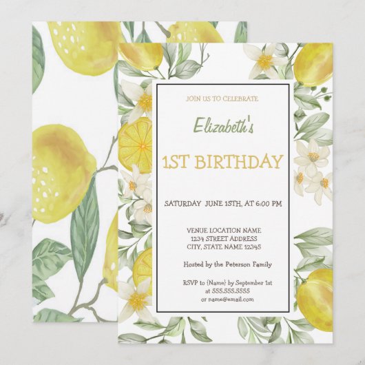 Invitation Aquarelle Fleurs de citrons Anniversaire (Devant / Derrière)