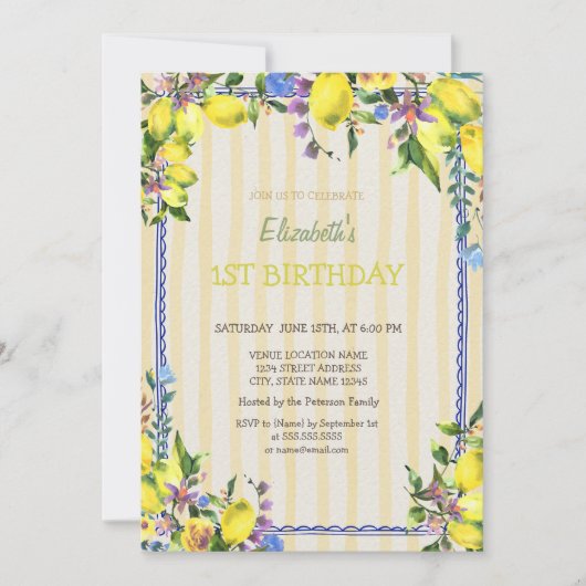 Invitation Aquarelle Fleurs de citrons Jaune Frappes Annivers (Devant)