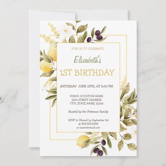 Invitation Aquarelle Fleurs de citrons Olive Anniversaire (Devant)