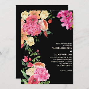 Invitation Aquarelle fleurs de couleur fleurie noir mariage