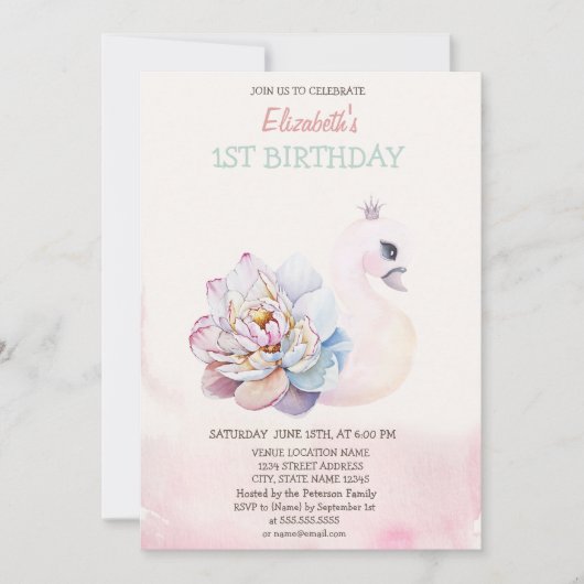 Invitation Aquarelle Fleurs de cygne mignonnes Anniversaire (Devant)