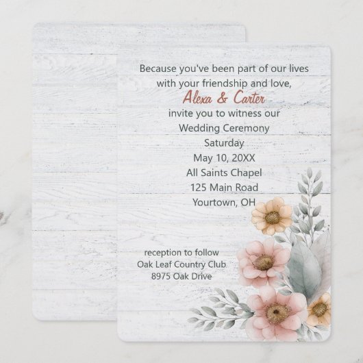 Invitation Aquarelle Fleurs De Mariage Sur Bois (Devant / Derrière)