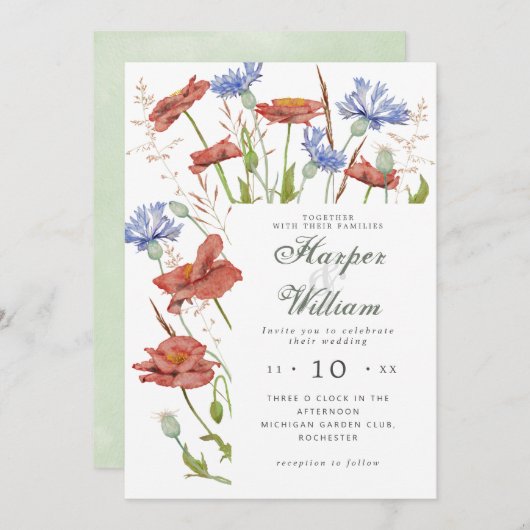 Invitation Aquarelle fleurs de prairie herbe mariage (Devant / Derrière)