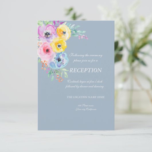 Invitation Aquarelle Fleurs de printemps Dusty Blue Invitatio (Debout devant)