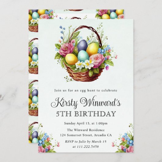 Invitation Aquarelle Fleurs de printemps Pâques Panier Annive (Devant / Derrière)