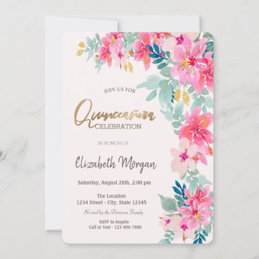 Invitation Aquarelle Fleurs de printemps Quinceañera (Devant)