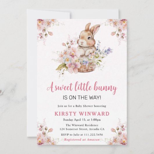 Invitation Aquarelle Fleurs de ressort Baby shower de lapin (Devant)