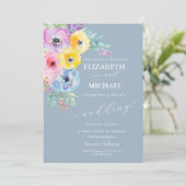 Invitation Aquarelle Fleurs de ressort Mariage bleu foncé (Debout devant)
