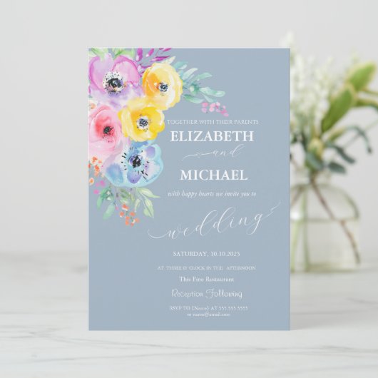 Invitation Aquarelle Fleurs de ressort Mariage bleu foncé (Debout devant)