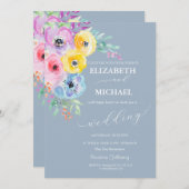 Invitation Aquarelle Fleurs de ressort Mariage bleu foncé (Devant / Derrière)