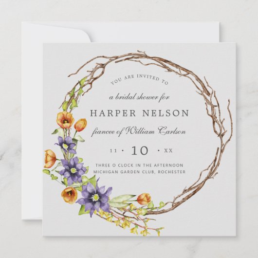 Invitation Aquarelle fleurs de ressort wreath douche nuptiale (Devant)