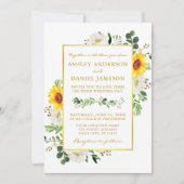 Invitation Aquarelle Fleurs de soleil Blanc Floral Mariage Or (Devant)