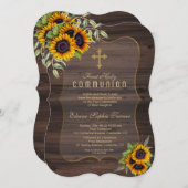 Invitation Aquarelle Fleurs de soleil Bois Sainte Communion (Devant / Derrière)
