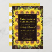 Invitation Aquarelle Fleurs de soleil Cadre frontière Quincea (Devant / Derrière)