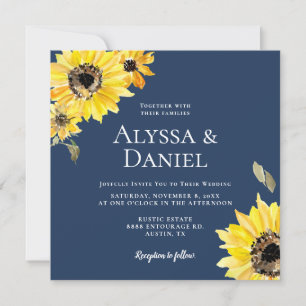 Invitation Aquarelle Fleurs de soleil floral Bleu Russe maria