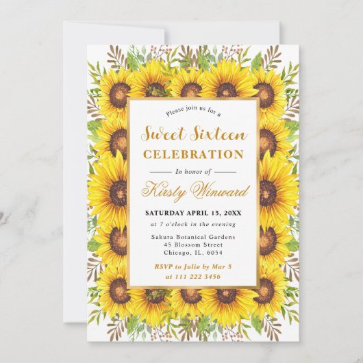 Invitation Aquarelle Fleurs de soleil Frame Frame Sweet 16 (Devant)