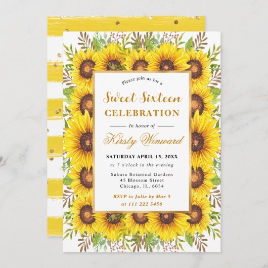 Invitation Aquarelle Fleurs de soleil Frame Frame Sweet 16 (Devant / Derrière)