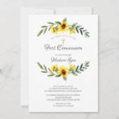 Invitation Aquarelle Fleurs de soleil jaunes Première communi (Devant)