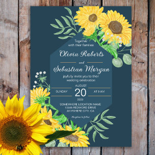 Invitation Aquarelle Fleurs de soleil jaunes sur Mariage bleu