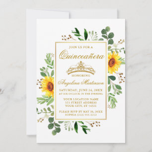 Invitation Aquarelle Fleurs de soleil Vert Quinceanera Or