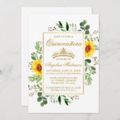 Invitation Aquarelle Fleurs de soleil Vert Quinceanera Or (Devant / Derrière)