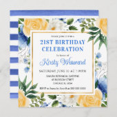 Invitation Aquarelle Fleurs d'été bleu et jaune Anniversaire (Devant / Derrière)