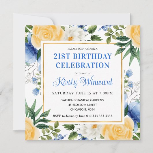 Invitation Aquarelle Fleurs d'été bleu et jaune Anniversaire (Devant)