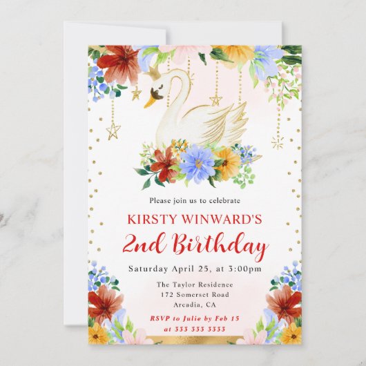 Invitation Aquarelle Fleurs d'été Swan Anniversaire (Devant)