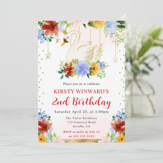 Invitation Aquarelle Fleurs d'été Swan Anniversaire (Debout devant)