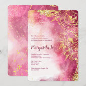 Invitation Aquarelle Fleurs Dorées Rouge (Devant / Derrière)